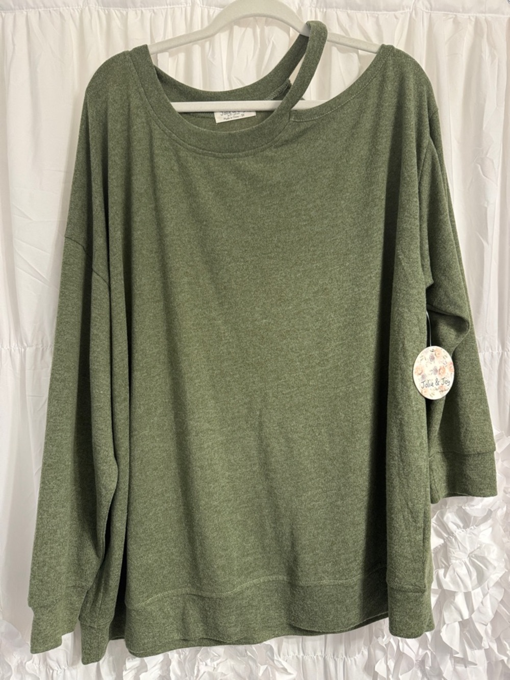 Relaxed Olive Green Women's Top with Off-Shoulder Detail